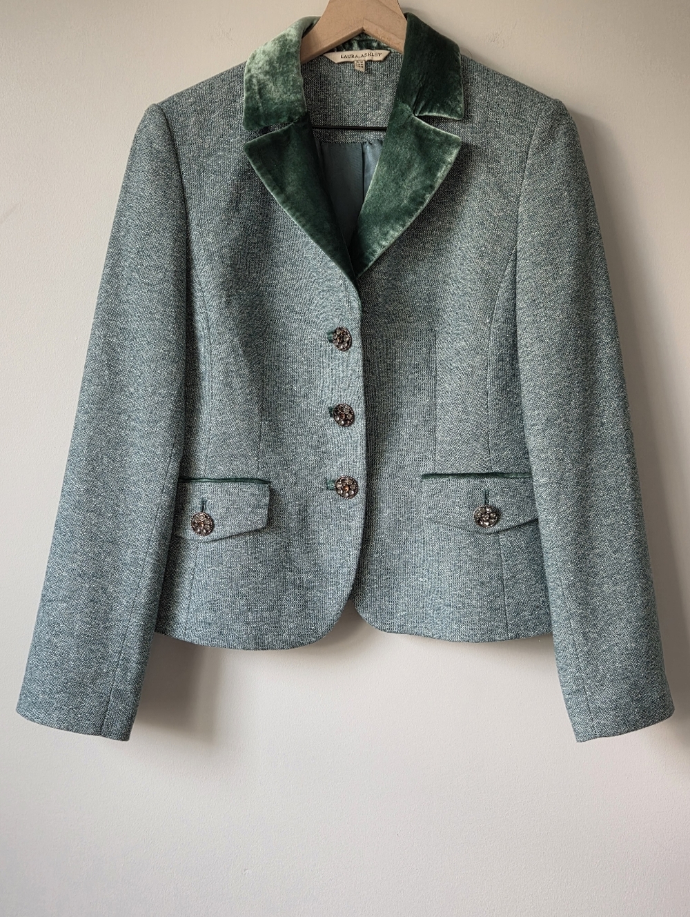 Vintage Laura Ashley Tweed Blazer Velvet Collar Jeweled Buttons Womens Size 10